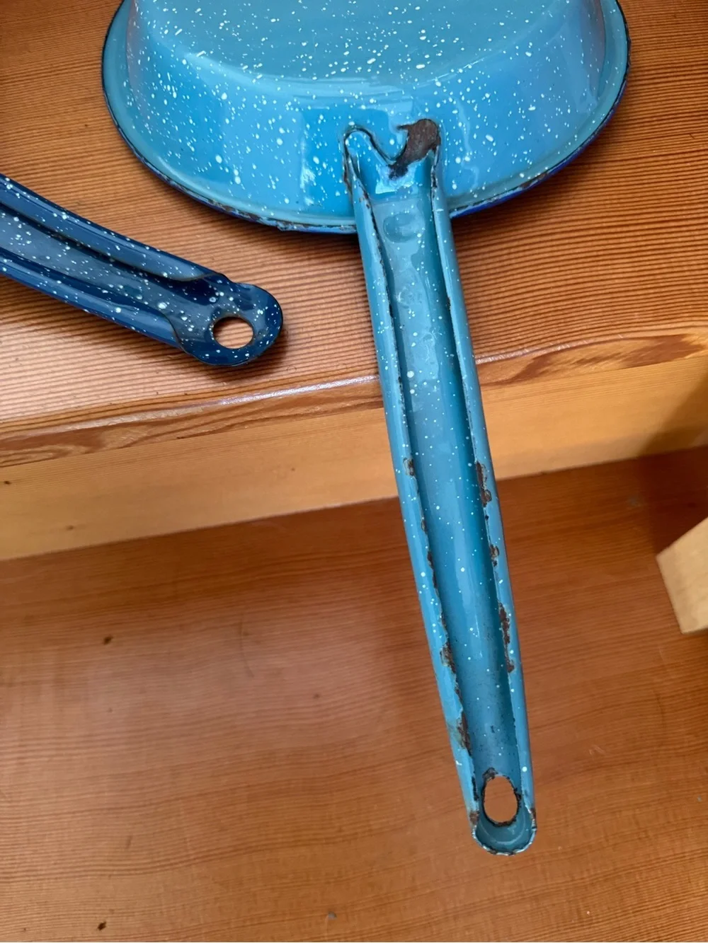 2 Blue Speckled Enamel Saucepans for camping, decor or up-cycle